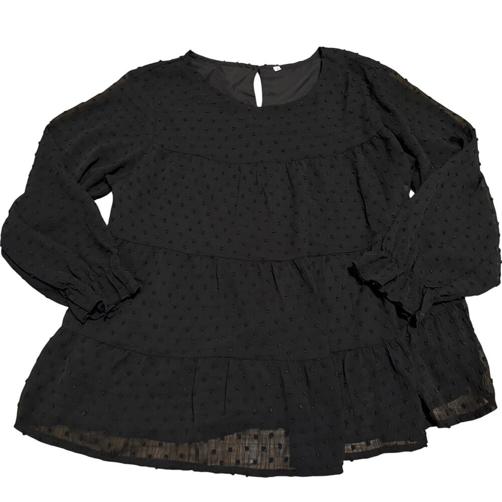 Womens Small Black Swiss Dot Babydoll Blouse Long Sleeve Tiered Peplum Tunic Top